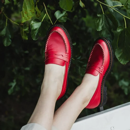 Red Penny Loafer Women Shoes, Flat Red Leather Loafers