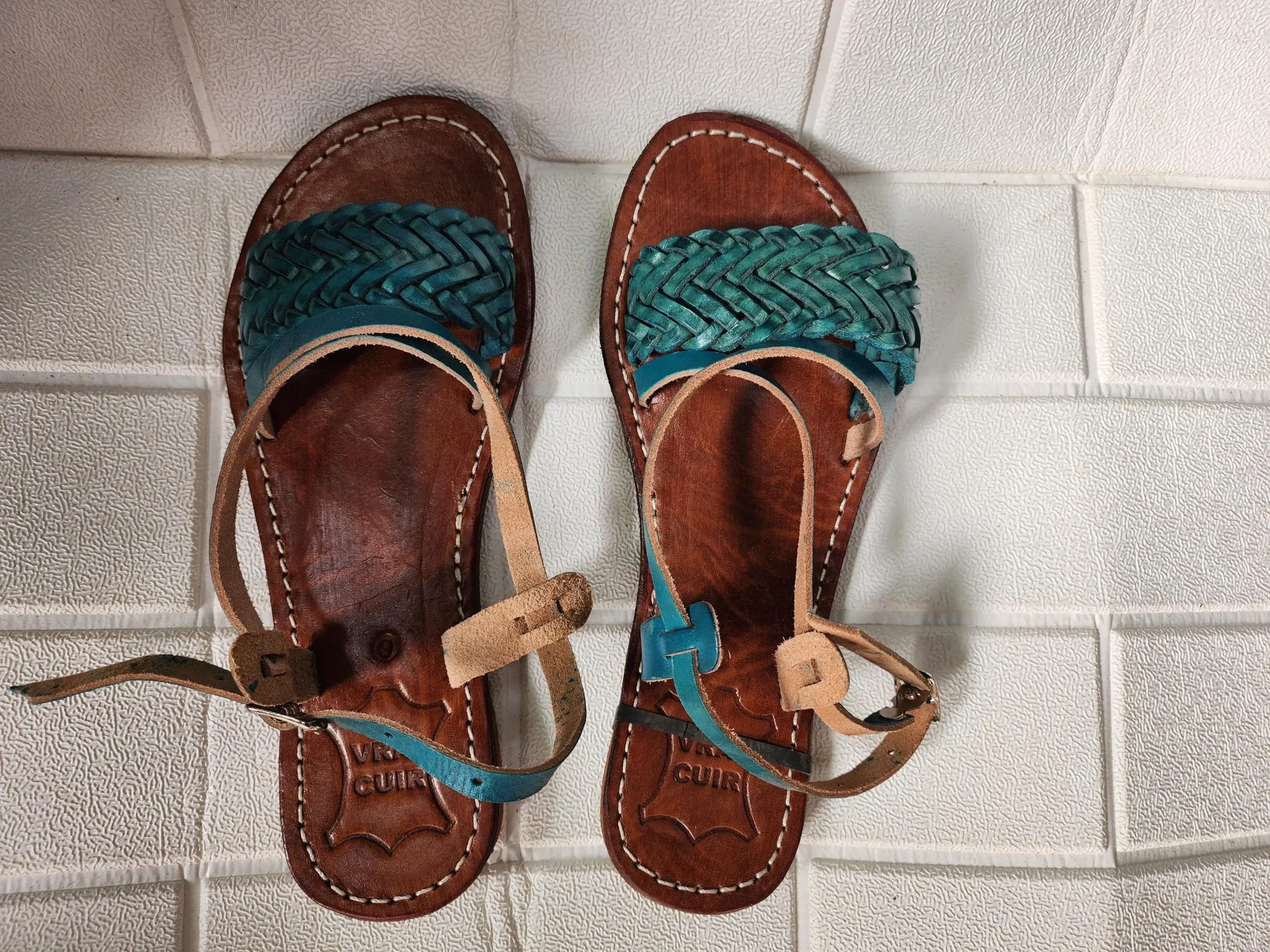 Women’s Turquoise Braided Moroccan Leather Slides